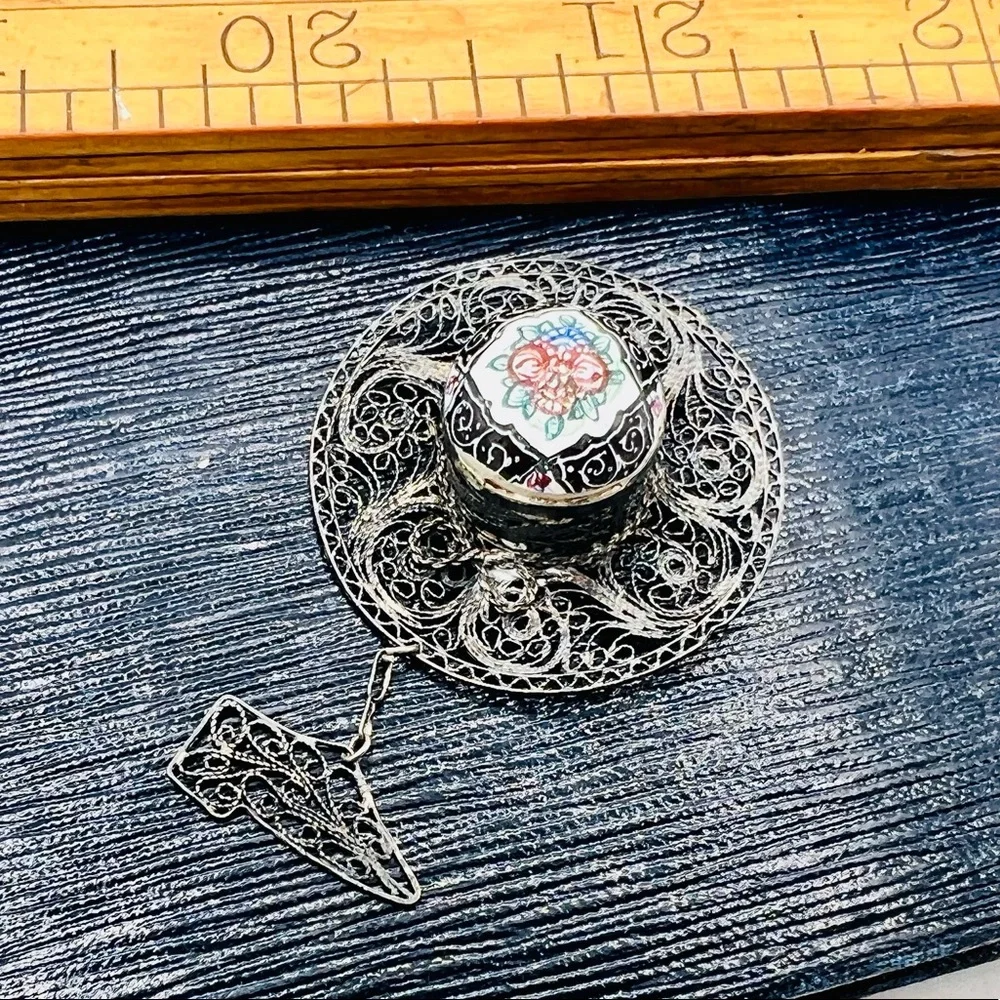 Vintage silver filigree brooch pin hat shoe dangle hand painted mid century